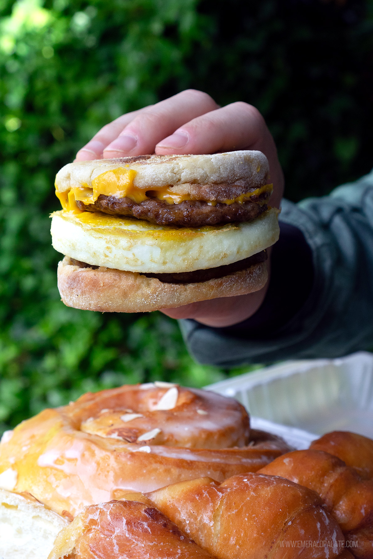 breakfast sandwich and pastries from Sultan Bakery