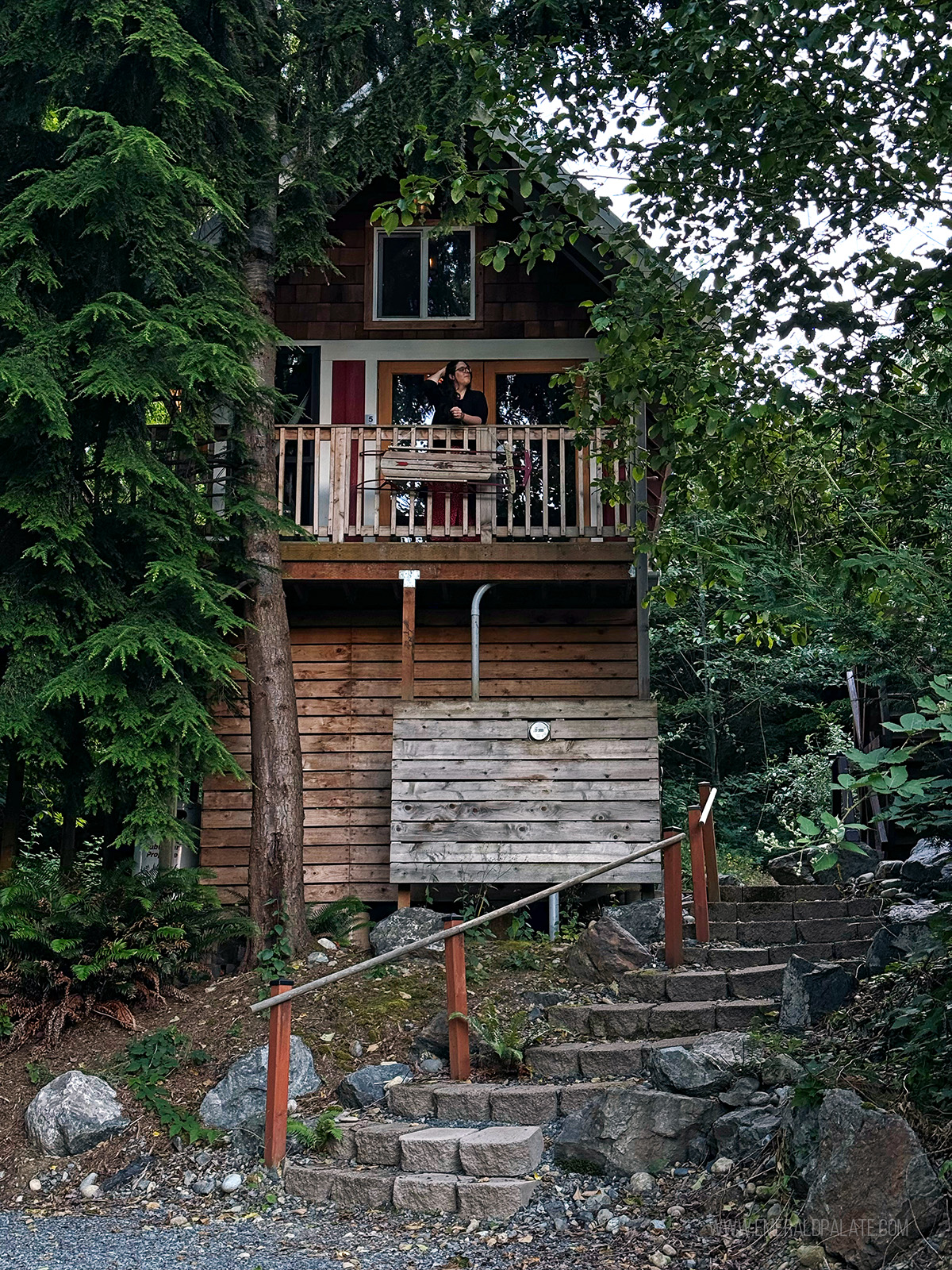 woman looking out in the distance on a 2nd level porch of a treehouse