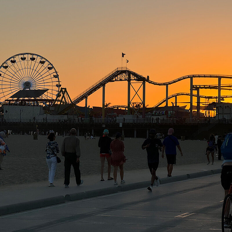 Santa Monica Boardwalk Pier at sunset, one of the best free things to do in Los Angeles, CA