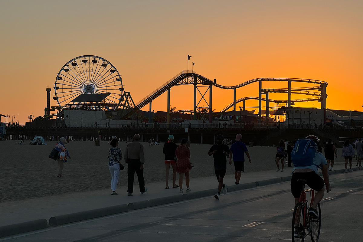 Santa Monica Boardwalk Pier at sunset, one of the best free things to do in Los Angeles, CA