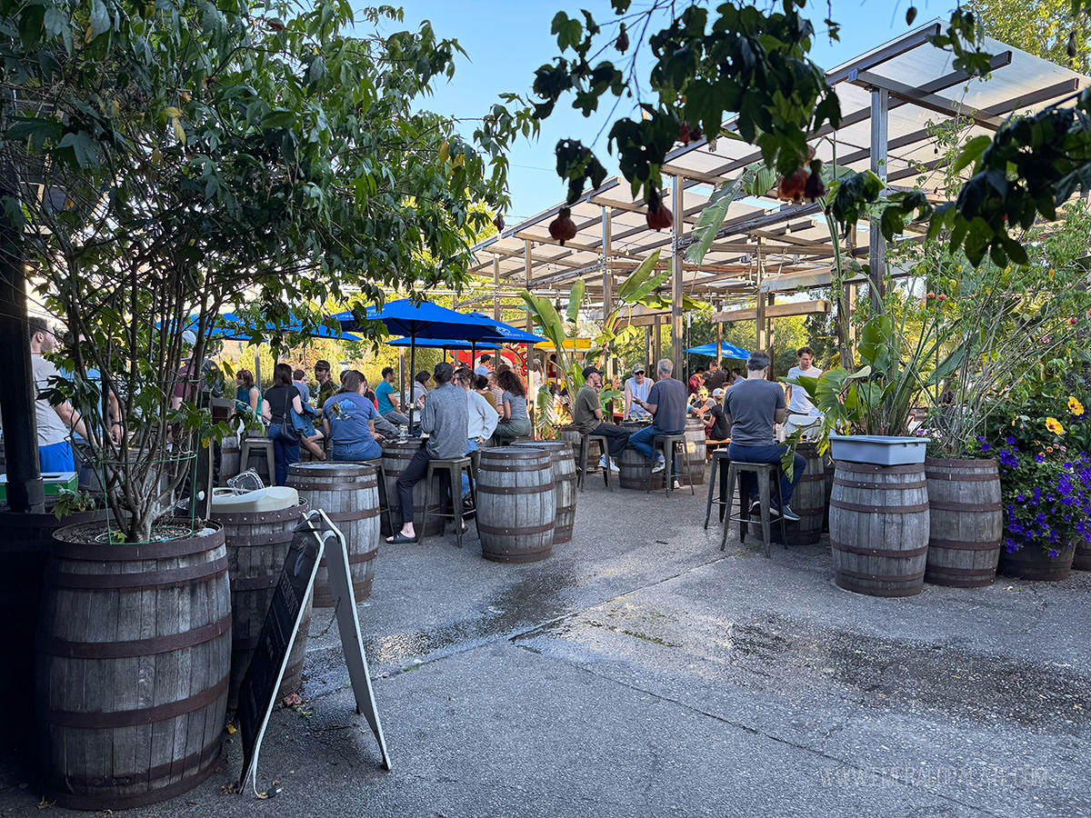 people in a beer garden, one of the best outdoor dining in Seattle