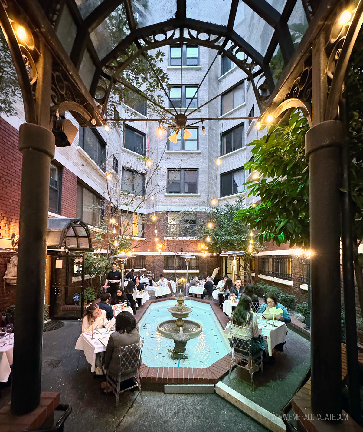 Courtyard with a fountain in at a Seattle restaurant