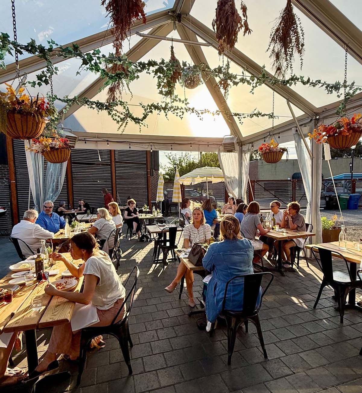 People enjoying dinner on an outdoor patio in Seattle