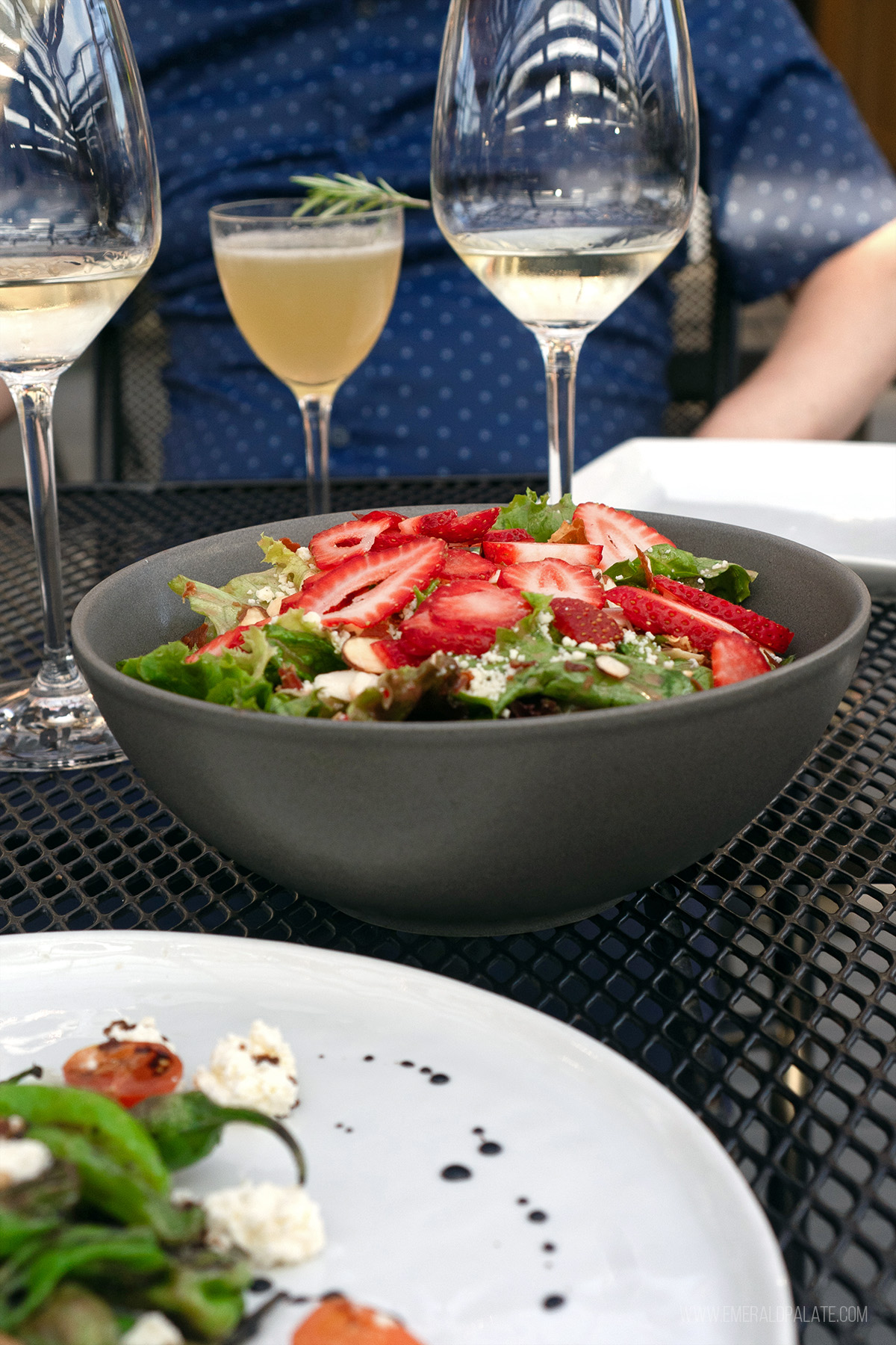 salad with strawberries and wine from The Vault, one of the best things to do in Blaine WA